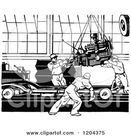 Clipart of a Vintage Black and White Automobile Assembly Line - Royalty Free Vector Illustration by Prawny Vintage