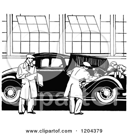 Clipart of a Vintage Black and White Automobile Assembly Line - Royalty Free Vector Illustration by Prawny Vintage
