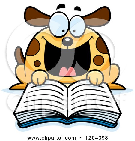 Cartoon of an Excited Dog Reading a Book - Royalty Free Vector Clipart by Cory Thoman