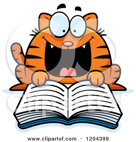 Cartoon of an Excited Tabby Cat Reading a Book - Royalty Free Vector Clipart by Cory Thoman