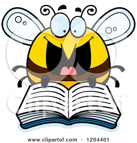 Cartoon of an Excited Bee Reading a Book - Royalty Free Vector Clipart by Cory Thoman