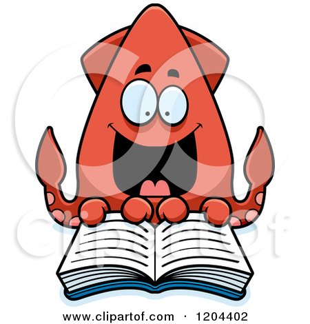 Cartoon of an Excited Squid Reading a Book - Royalty Free Vector Clipart by Cory Thoman