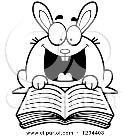 Cartoon of a Black and White Excited Rabbit Reading a Book - Royalty Free Vector Clipart by Cory Thoman