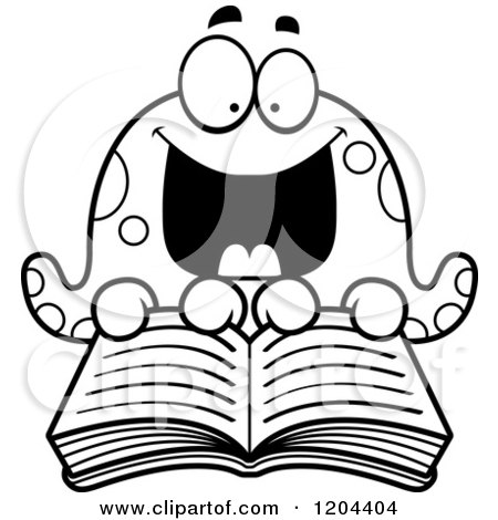 Cartoon of a Black and White Excited Octopus Reading a Book - Royalty Free Vector Clipart by Cory Thoman