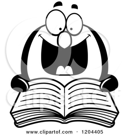 Cartoon of a Black and White Excited Penguin Reading a Book - Royalty Free Vector Clipart by Cory Thoman