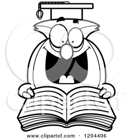 Cartoon of a Black and White Excited Professor Owl Reading a Book - Royalty Free Vector Clipart by Cory Thoman