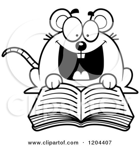 Cartoon of a Black and White Excited Mouse Reading a Book - Royalty Free Vector Clipart by Cory Thoman