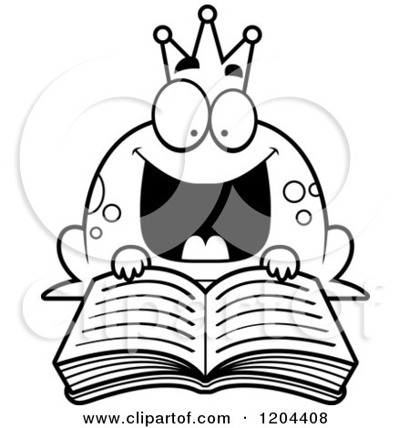 Cartoon of a Black and White Excited Frog Prince Reading a Fairy Tale Book - Royalty Free Vector Clipart by Cory Thoman
