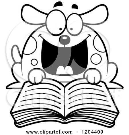 Cartoon of a Black and White Excited Dog Reading a Book - Royalty Free Vector Clipart by Cory Thoman
