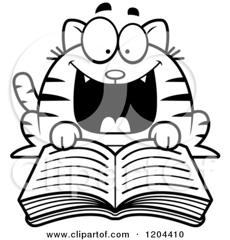 Cartoon of a Black and White Excited Cat Reading a Book - Royalty Free Vector Clipart by Cory Thoman