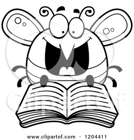 Cartoon of a Black and White Excited Bee Reading a Book - Royalty Free Vector Clipart by Cory Thoman