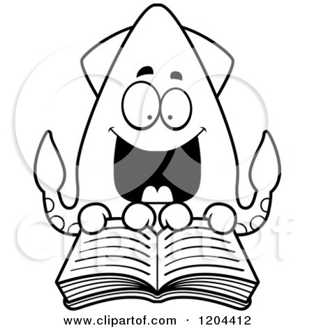 Cartoon of a Black and White Excited Squid Reading a Book - Royalty Free Vector Clipart by Cory Thoman