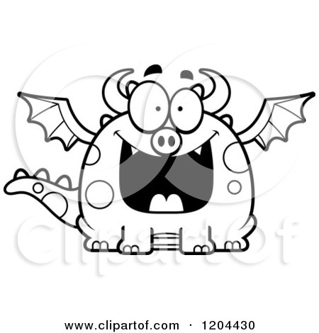 Cartoon of a Black And White Happy Grinning Chubby Dragon - Royalty Free Vector Clipart by Cory Thoman