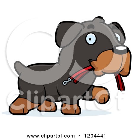 Cartoon of a Cute Rottweiler Puppy Dog Carrying a Leash - Royalty Free Vector Clipart by Cory Thoman