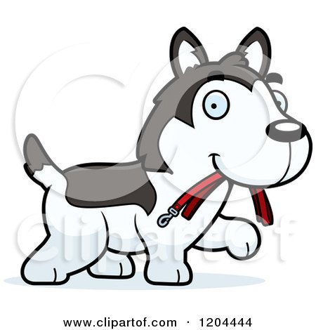 Cartoon of a Cute Husky Puppy Dog Carrying a Leash - Royalty Free Vector Clipart by Cory Thoman