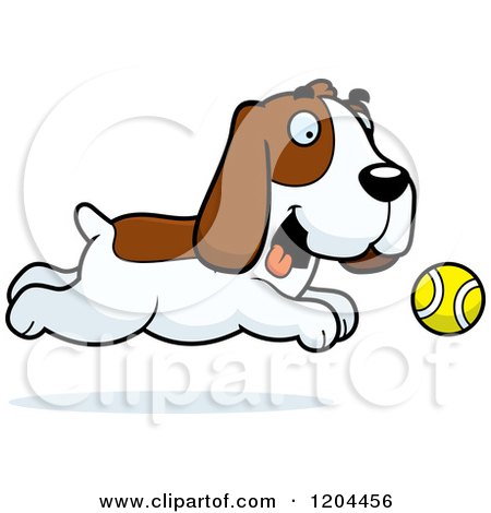 Cartoon of a Cute Hound Dog Chasing a Tennis Ball - Royalty Free Vector Clipart by Cory Thoman