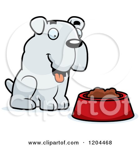 Cartoon of a Cute Bulldog Puppy Dog and Food Bowl - Royalty Free Vector Clipart by Cory Thoman