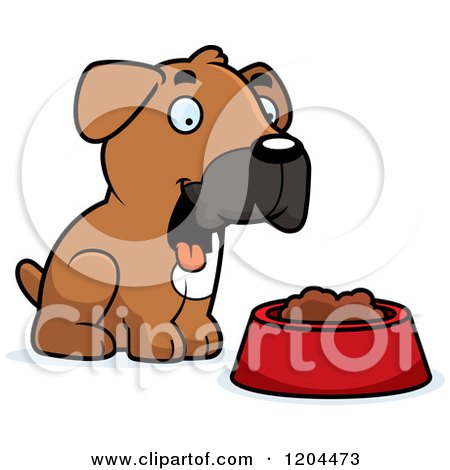 Cartoon of a Cute Boxer Puppy Dog Sitting by Food - Royalty Free Vector Clipart by Cory Thoman
