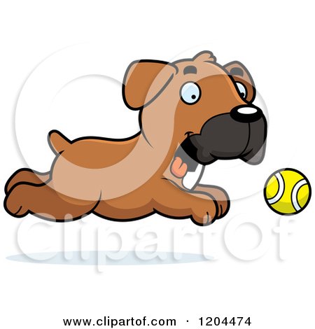 Cartoon of a Cute Boxer Puppy Dog Chasing a Ball - Royalty Free Vector Clipart by Cory Thoman