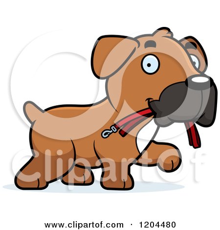 Cartoon of a Cute Boxer Puppy Dog Carrying a Leash - Royalty Free Vector Clipart by Cory Thoman