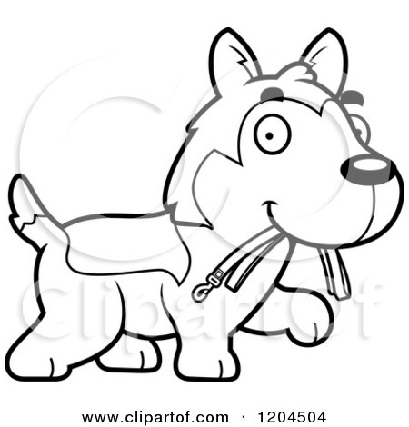 Cartoon of a Black and White Cute Husky Puppy Dog Carrying a Leash - Royalty Free Vector Clipart by Cory Thoman
