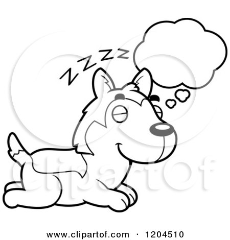 Cartoon of a Black and White Cute Husky Puppy Dog Dreaming - Royalty Free Vector Clipart by Cory Thoman