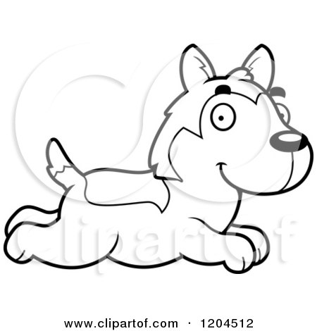 Cartoon of a Black and White Cute Husky Puppy Dog Running - Royalty Free Vector Clipart by Cory Thoman