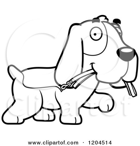 Cartoon of a Black And White Cute Hound Dog Carrying a Leash - Royalty Free Vector Clipart by Cory Thoman