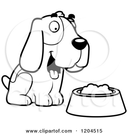 Cartoon of a Black And White Cute Hound Dog by a Food Bowl - Royalty Free Vector Clipart by Cory Thoman