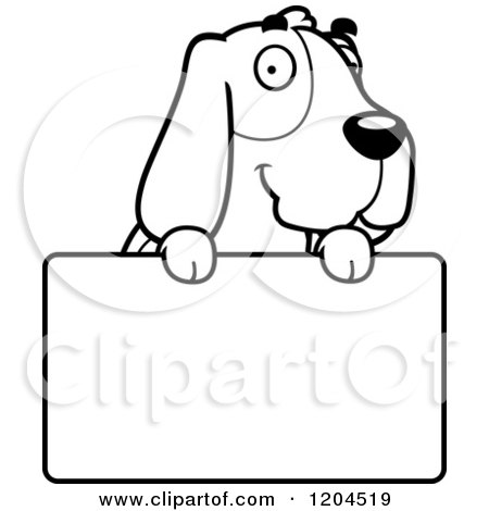 1204519 Cartoon Of A Black And White Cute Hound Dog Over A Sign Royalty Free Vector Clipart 