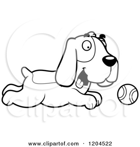 Cartoon of a Black And White Cute Hound Dog Chasing a Tennis Ball - Royalty Free Vector Clipart by Cory Thoman