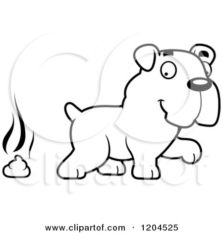 Cartoon of a Black and White Cute Bulldog Puppy Dog and Poop - Royalty Free Vector Clipart by Cory Thoman