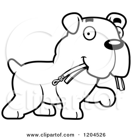 Cartoon of a Black and White Cute Bulldog Puppy Dog Carrying a Leash - Royalty Free Vector Clipart by Cory Thoman