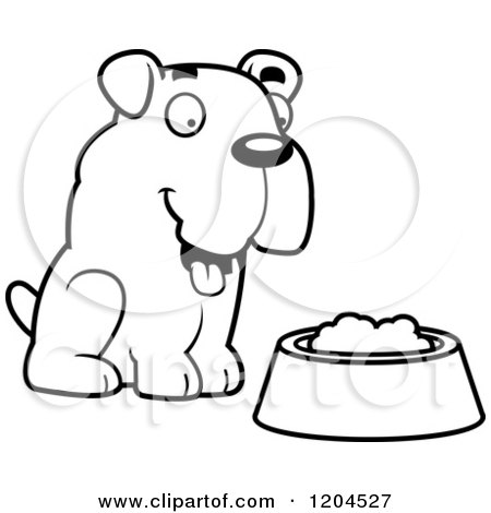Cartoon of a Black and White Cute Bulldog Puppy Dog and Food Bowl - Royalty Free Vector Clipart by Cory Thoman