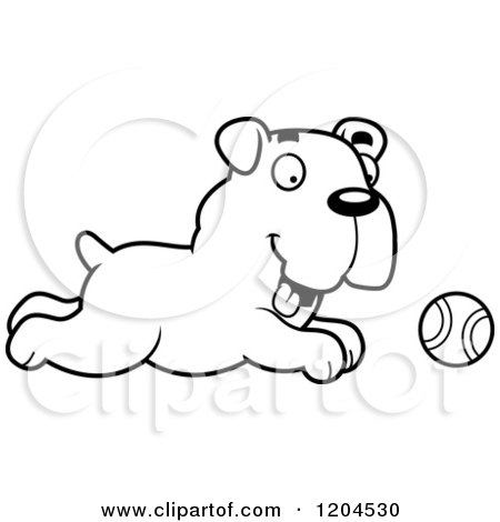 Cartoon of a Black and White Cute Bulldog Puppy Dog Chasing a Ball - Royalty Free Vector Clipart by Cory Thoman