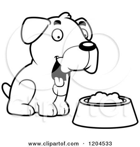 Cartoon of a Black and White Cute Boxer Puppy Dog Sitting by Food - Royalty Free Vector Clipart by Cory Thoman