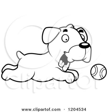 Cartoon of a Black and White Cute Boxer Puppy Dog Chasing a Ball - Royalty Free Vector Clipart by Cory Thoman