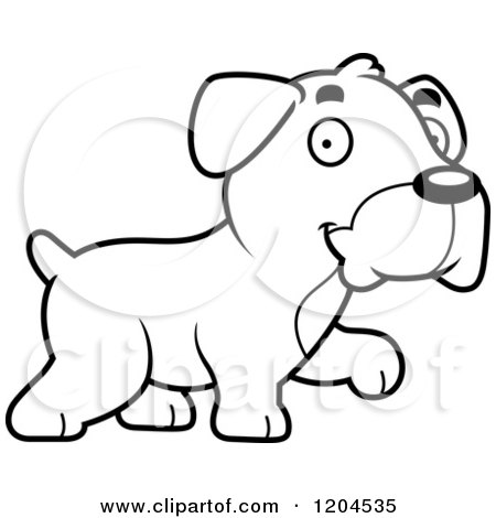 Cartoon of a Black and White Cute Boxer Puppy Dog Walking - Royalty Free Vector Clipart by Cory Thoman