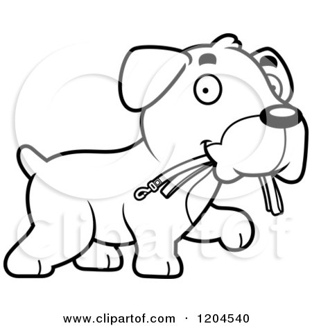 Cartoon of a Black and White Cute Boxer Puppy Dog Carrying a Leash - Royalty Free Vector Clipart by Cory Thoman