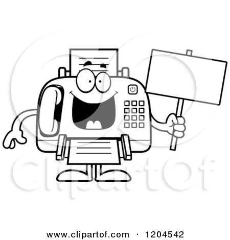 Cartoon of a Black And White Sick Fax Machine Holding a Sign - Royalty Free Vector Clipart by Cory Thoman