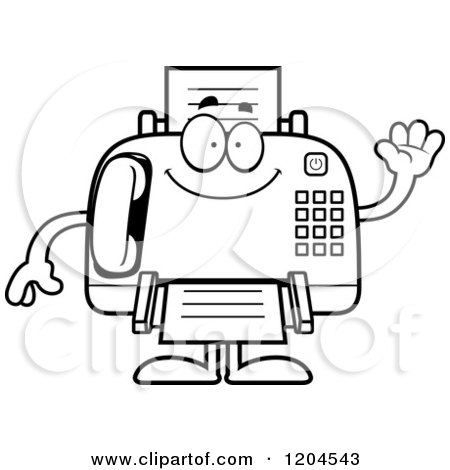 Cartoon of a Black And White Waving Fax Machine - Royalty Free Vector Clipart by Cory Thoman