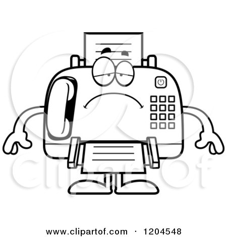 Cartoon of a Black And White Depressed Fax Machine - Royalty Free Vector Clipart by Cory Thoman