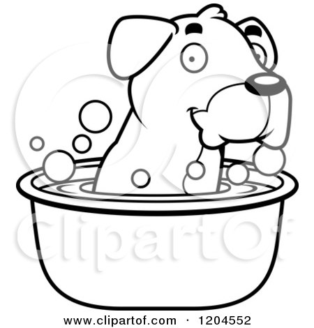 Cartoon of a Black and White Cute Boxer Puppy Dog Taking a Bath - Royalty Free Vector Clipart by Cory Thoman