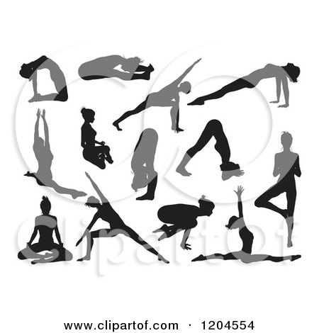 Clipart of Black Silhouetted Women Doing Yoga Poses - Royalty Free Vector Illustration by AtStockIllustration