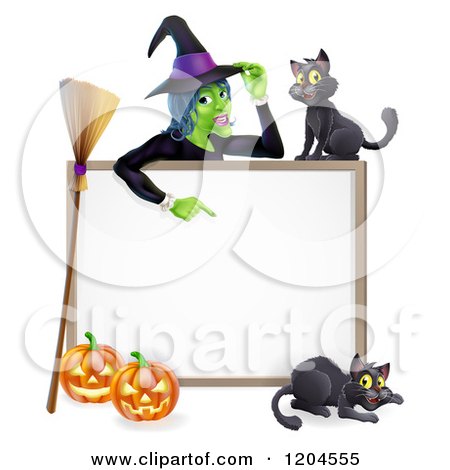 Cartoon of a Witch Pointing down to a White Board Sign with Black Cats Halloween Pumpkins and a Broomstick - Royalty Free Vector Clipart by AtStockIllustration