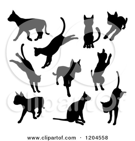 Clipart of Black Silhouetted Cats Sitting Jumping Playing and Walking - Royalty Free Vector Illustration by AtStockIllustration