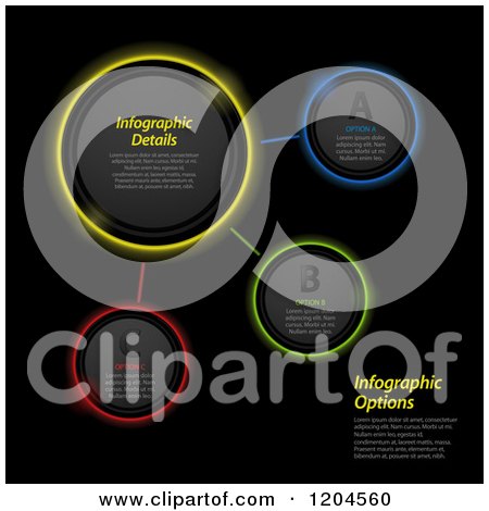 Clipart of Glowing Colorful Neon Infographic Button Circles on Black, with Sample Text - Royalty Free Vector Illustration by elaineitalia