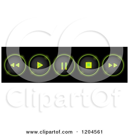 Clipart of Glowing Neon Green Round Control Buttons on Black - Royalty Free Vector Illustration by elaineitalia