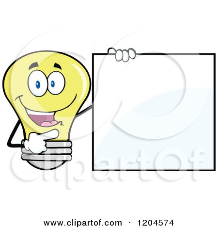 Cartoon of a Happy Yellow Light Bulb Mascot Pointing to a Sign 2 - Royalty Free Vector Clipart by Hit Toon