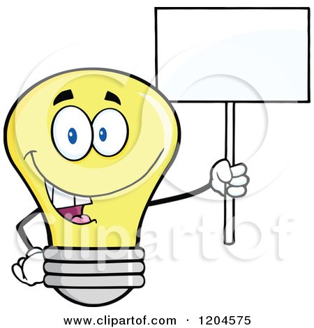 Cartoon of a Happy Yellow Light Bulb Mascot Holding a Sign 4 - Royalty Free Vector Clipart by Hit Toon
